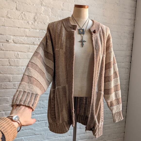 Vintage Wool Neutral Knit Cardigan Zipper Chunky Stripe Sweater Cozy Shacket - Picture 3 of 8